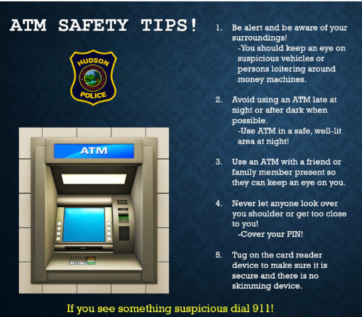 Hudson Police Department ATM Safety tips graphic.